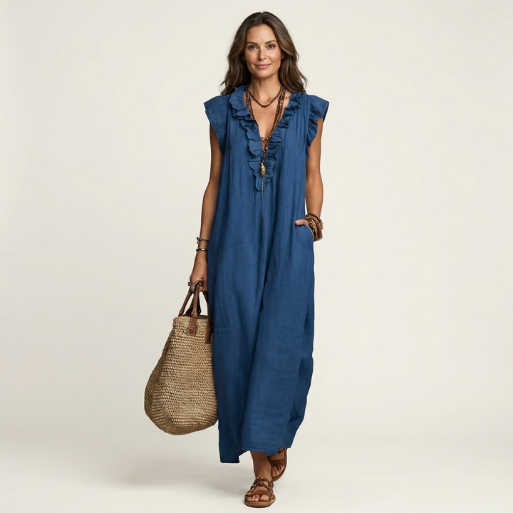 Grey women's maxi dress with ruffle V-neck and pockets