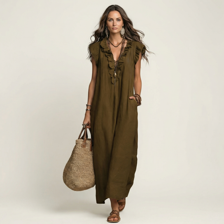 Black ruffle V-neck maxi dress with flowy summer skirt