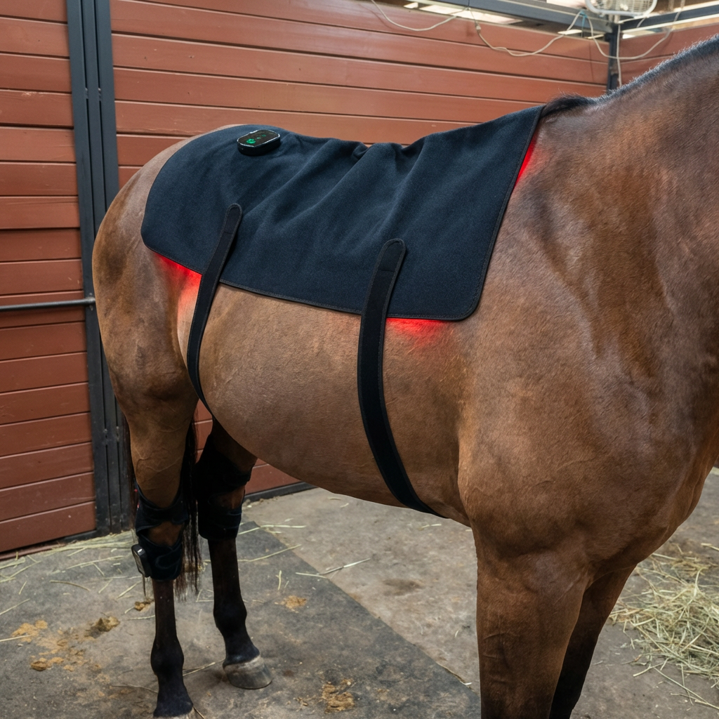 Rechargeable battery pack attached to the LED equine wellness wrap