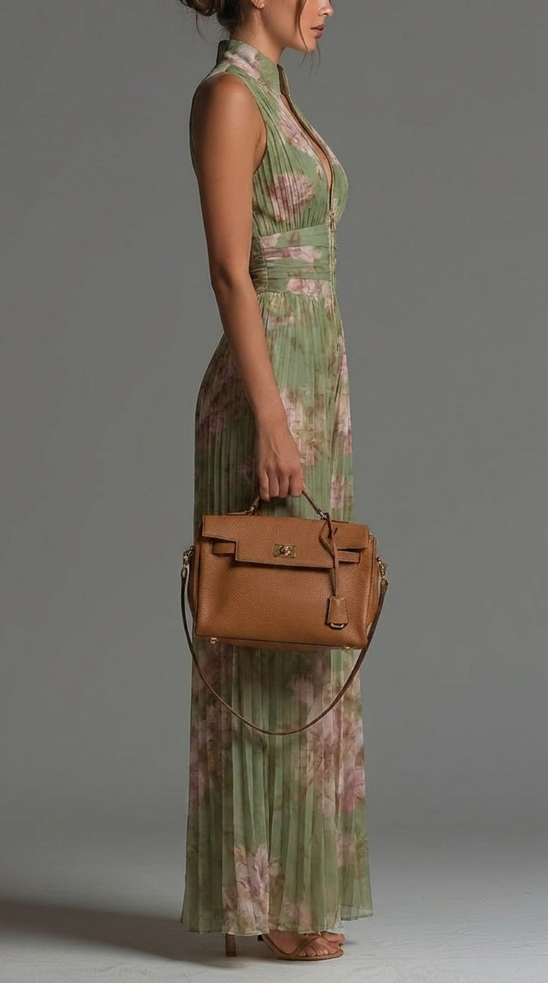 Side profile view of a woman wearing a pleated green floral jumpsuit