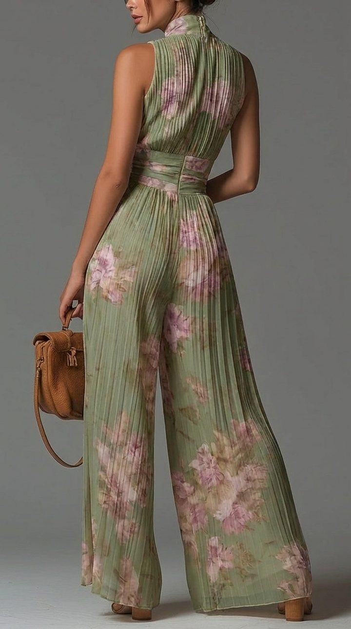 Back view of women's floral pleated wide-leg party jumpsuit
