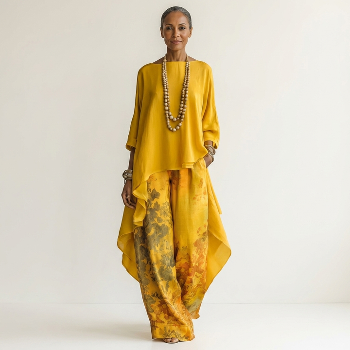 Model wearing yellow asymmetric tunic and wide-leg trousers set with floral print