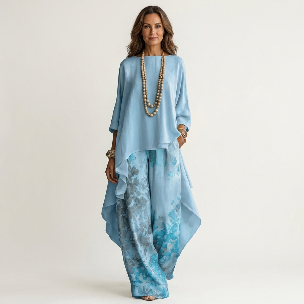 Model wearing blue asymmetric tunic and wide-leg trousers set with floral print
