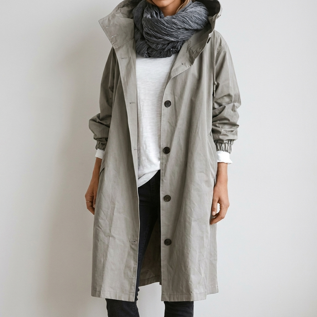 Woman wearing grey hooded waterproof raincoat with button front