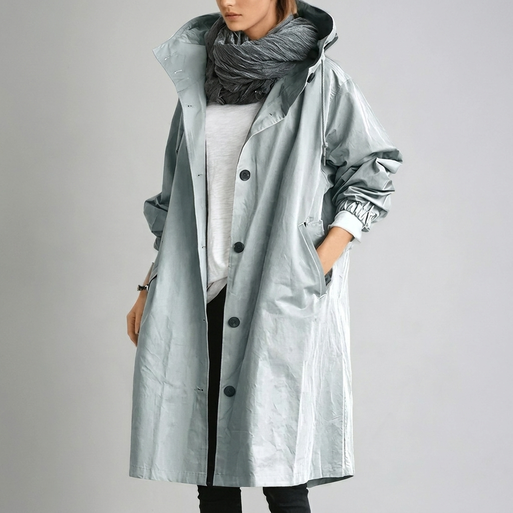 Close up of waterproof jacket fabric and adjustable hood drawstrings