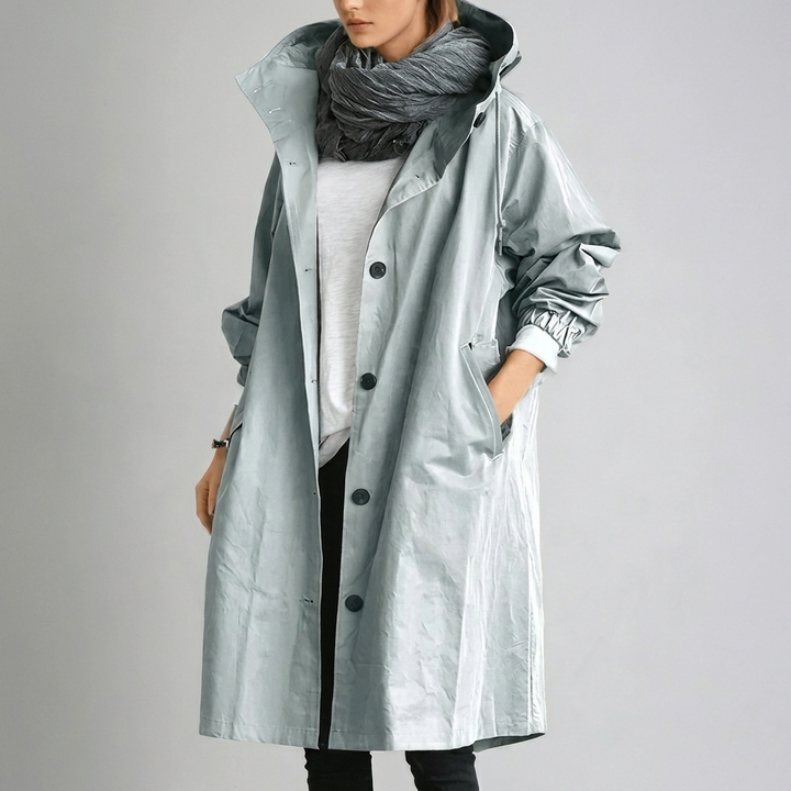 Close up of waterproof jacket fabric and adjustable hood drawstrings