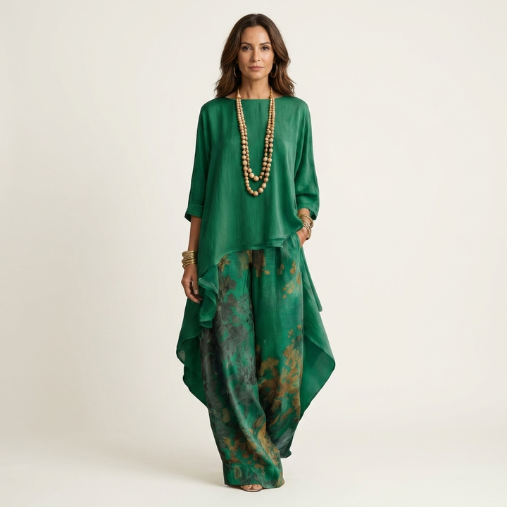 Model wearing green asymmetric tunic and wide-leg trousers set with floral print