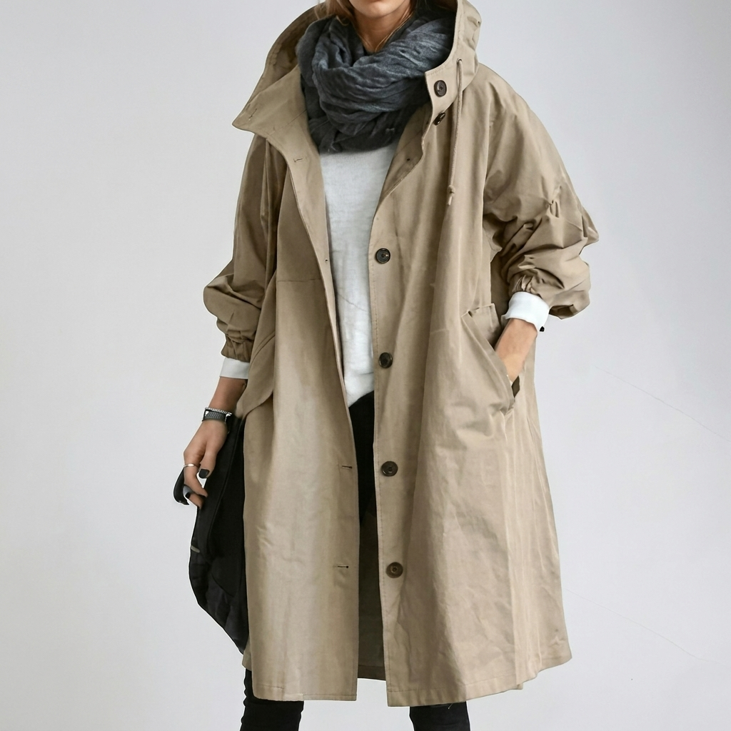 Women's hooded waterproof raincoat side view showing long hem and pockets