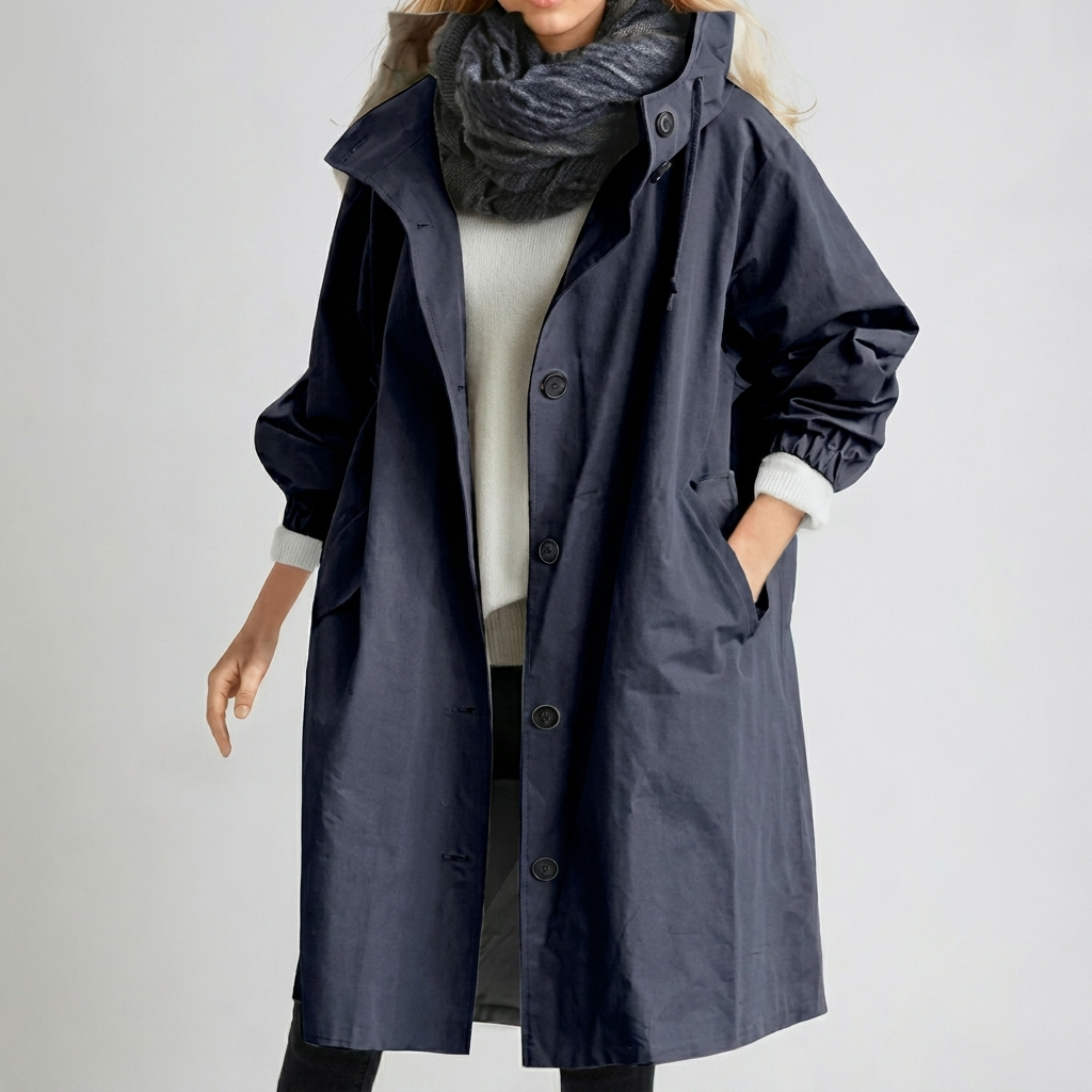Long rain coat for women featuring front zipper closure and storm flap