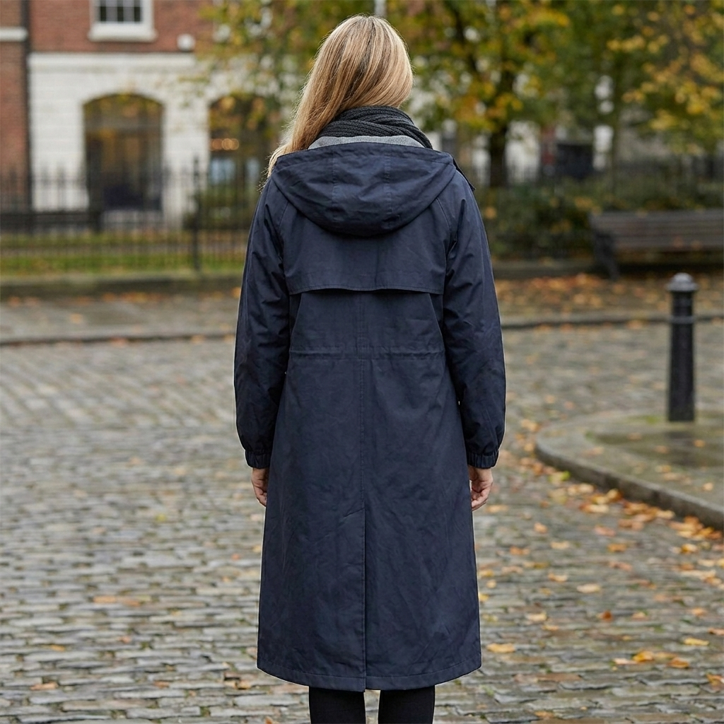 Model wearing a stylish waterproof hooded coat for outdoor weather protection