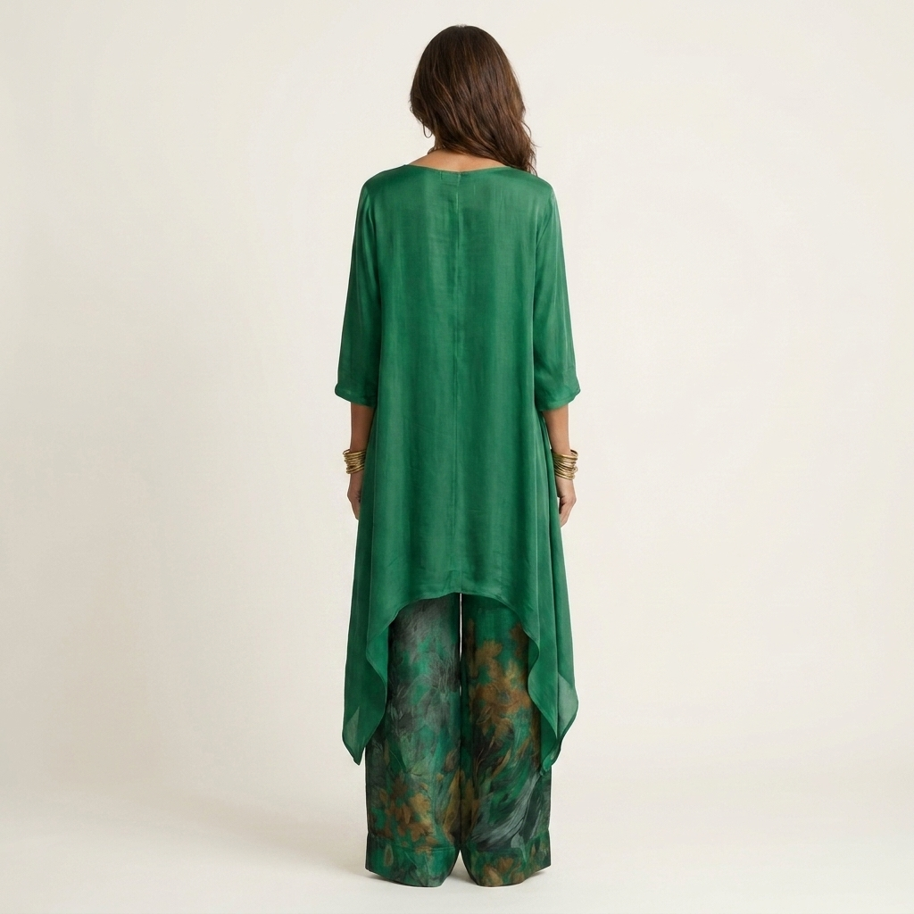 Blue and green floral print women's asymmetric tunic and wide-leg trouser set