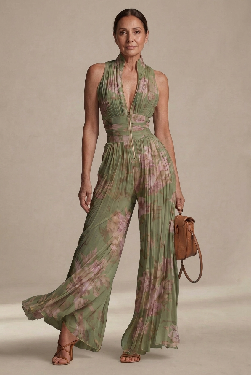 Full front view of a woman in a green floral occasion jumpsuit