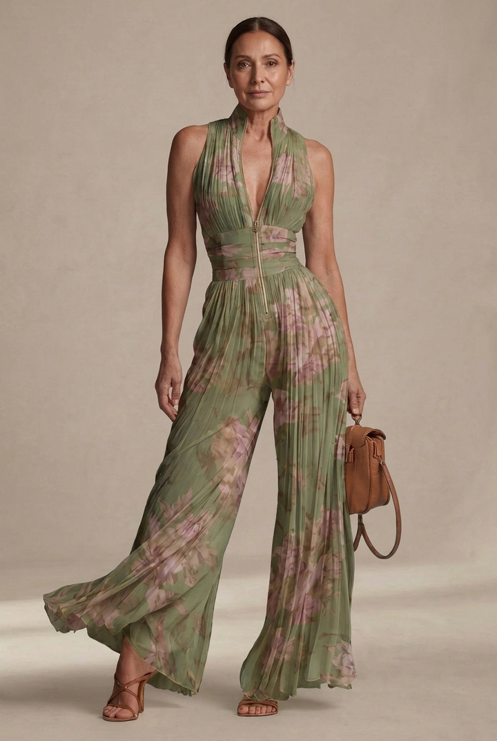Full front view of a woman in a green floral occasion jumpsuit
