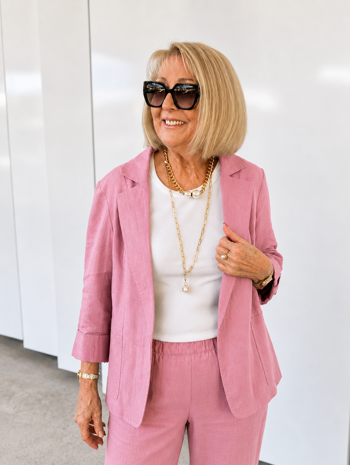 Older woman wearing a pink slim fit suiting set posing against a white background