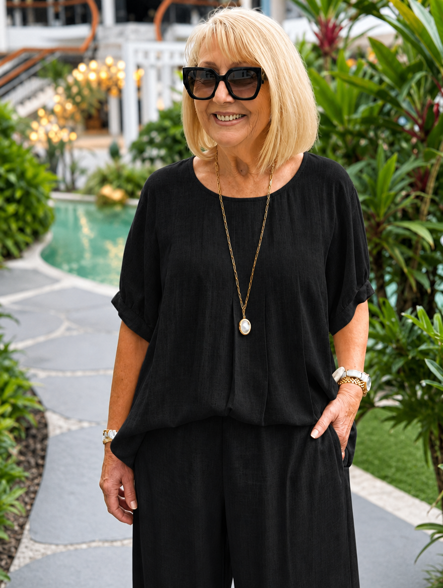 Woman wearing a black matching blouse and shorts set outdoors