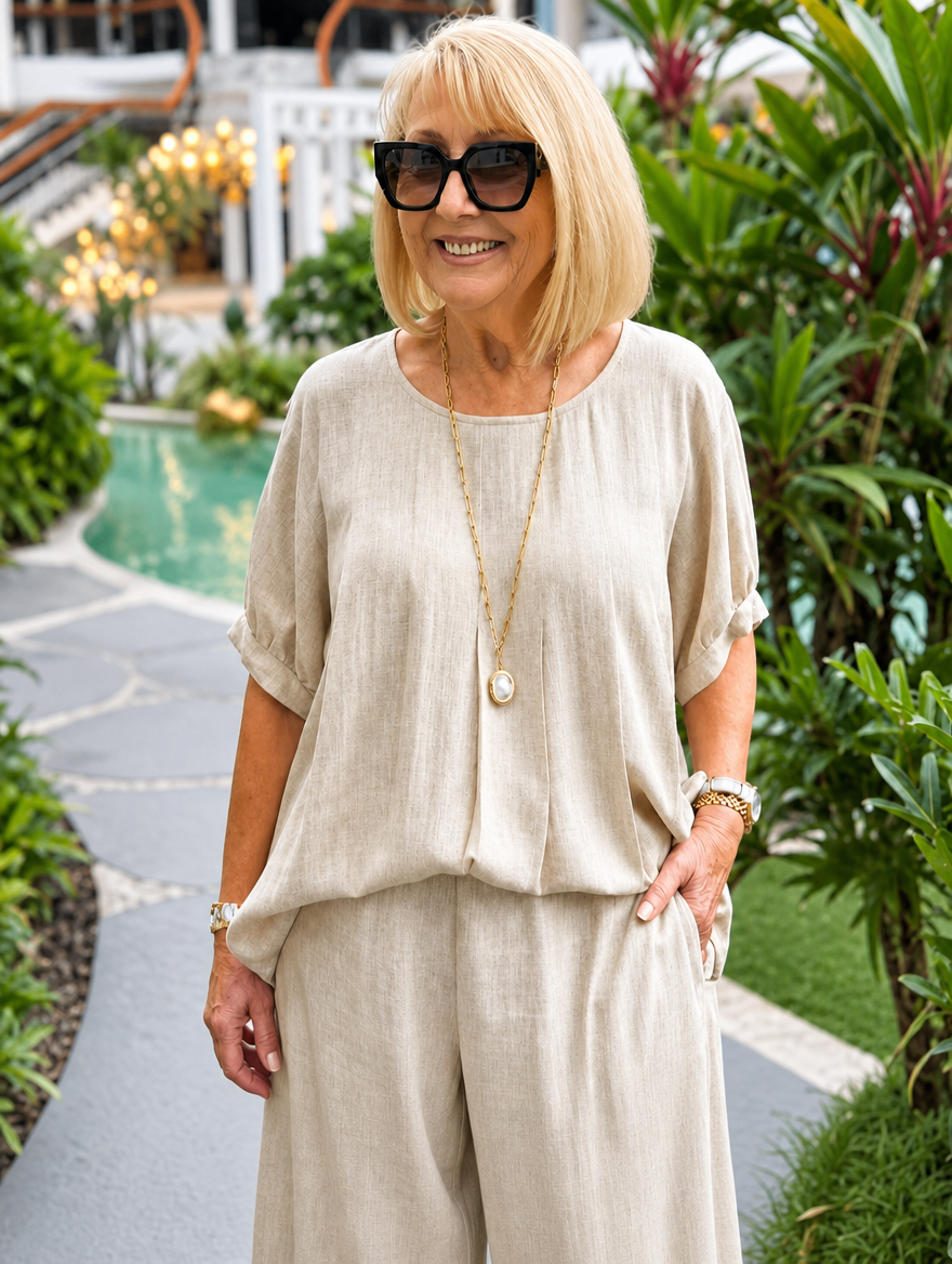 Woman wearing a beige matching blouse and shorts set outdoors