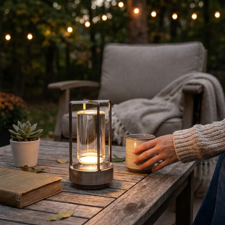 Elegant crystal table lamp glowing on an outdoor wooden table next to a coffee cup