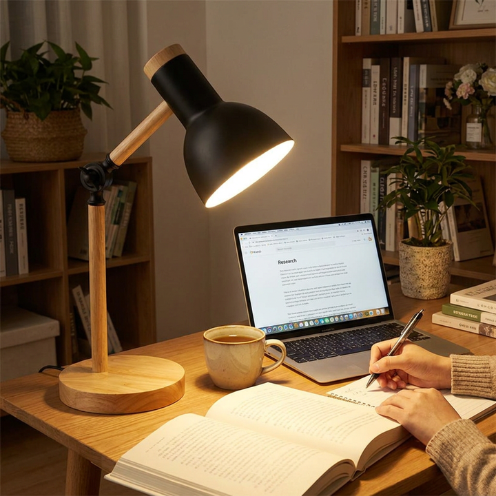 Black Scandinavian wooden table lamp illuminating a desk with a laptop and open book
