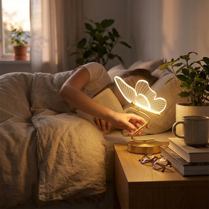 Modern LED butterfly table lamp on a wooden bedside table in a cozy bedroom