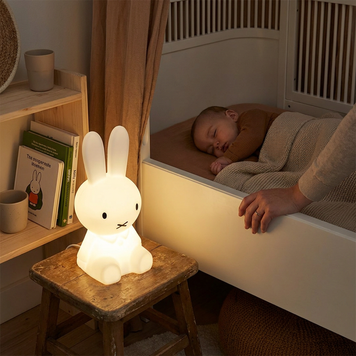 Miffy rabbit decorative figure glowing softly on a wooden stool beside a child's bed