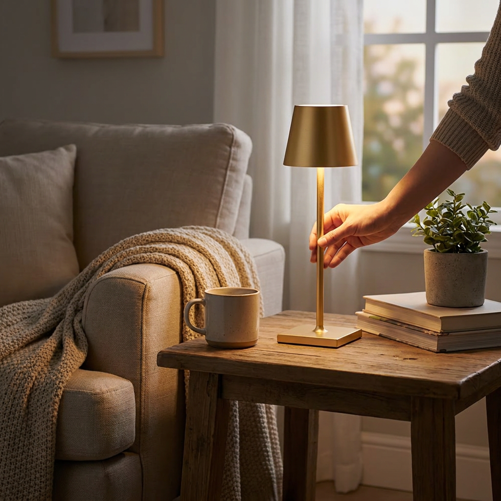 Gold Scandinavian LED table lamp placed on a wooden side table next to a sofa