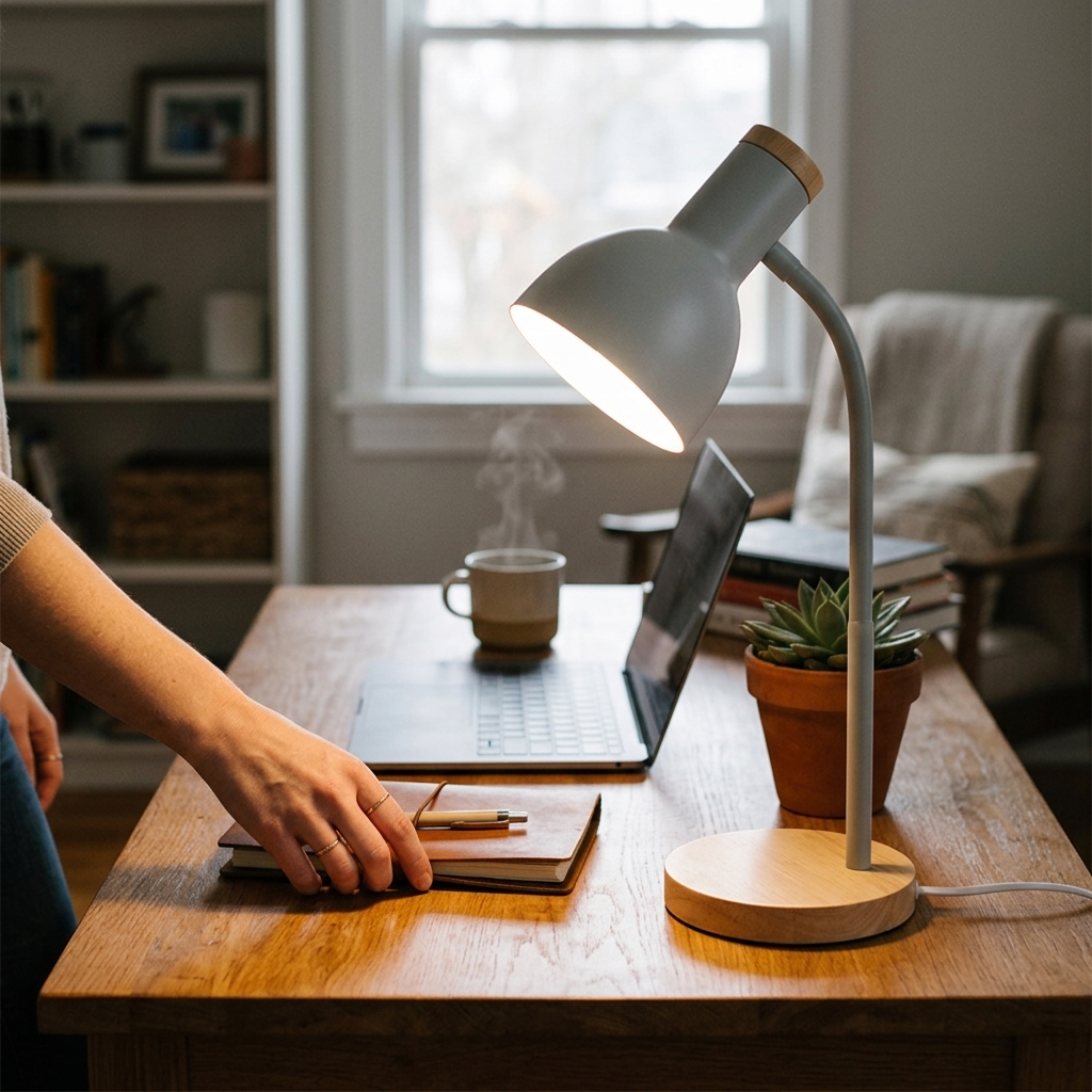 Gray children's table lamp on a wooden desk next to a laptop and coffee mug