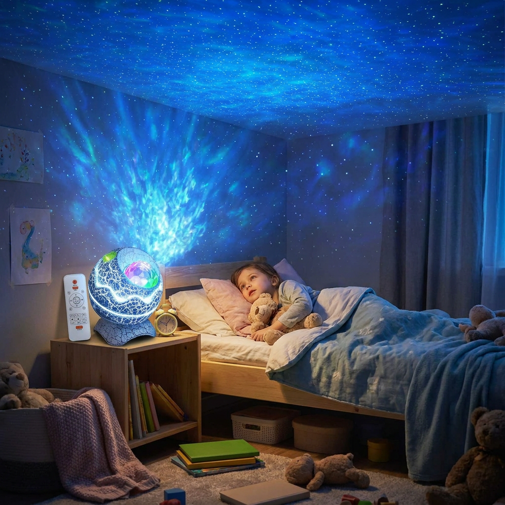 CelestialSphere star and galaxy projector illuminating a child bedroom ceiling
