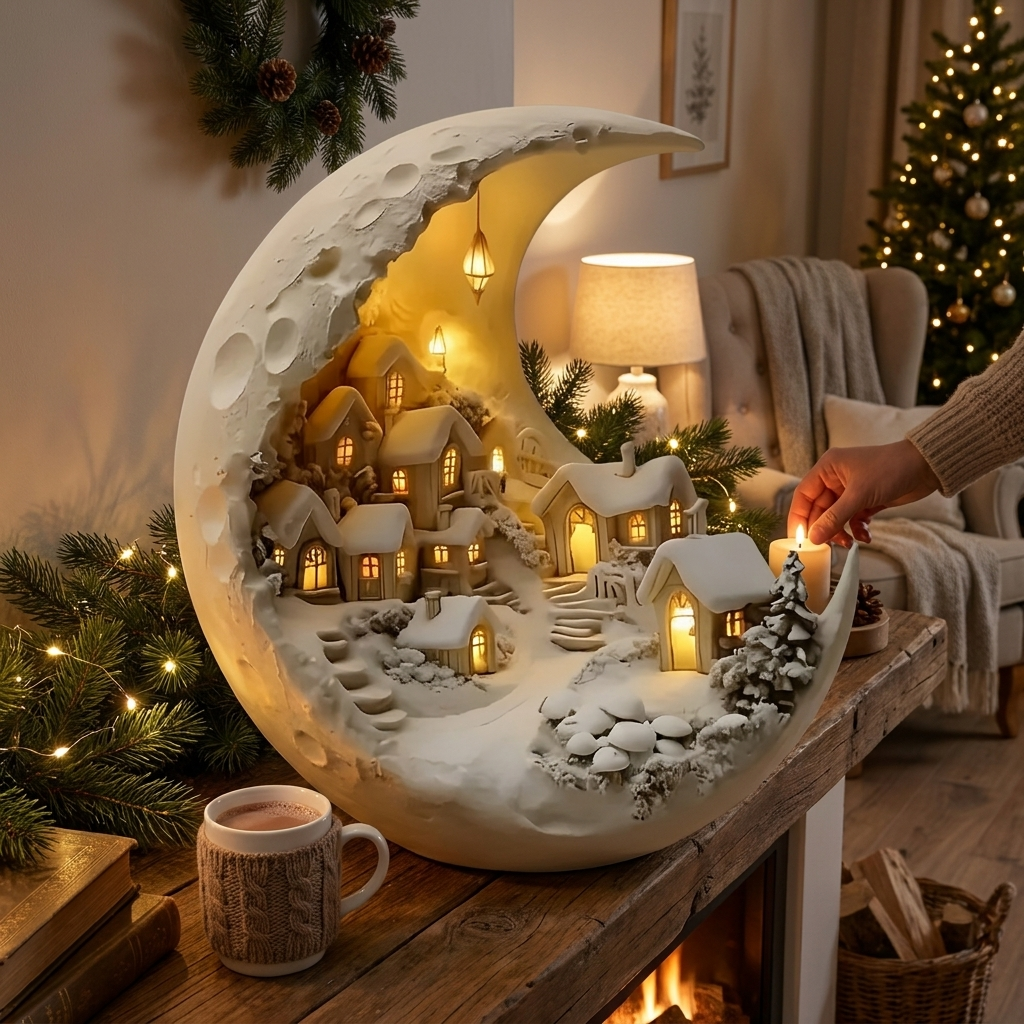 Hand touching the illuminated Lunara moon village lamp on a wooden mantelpiece