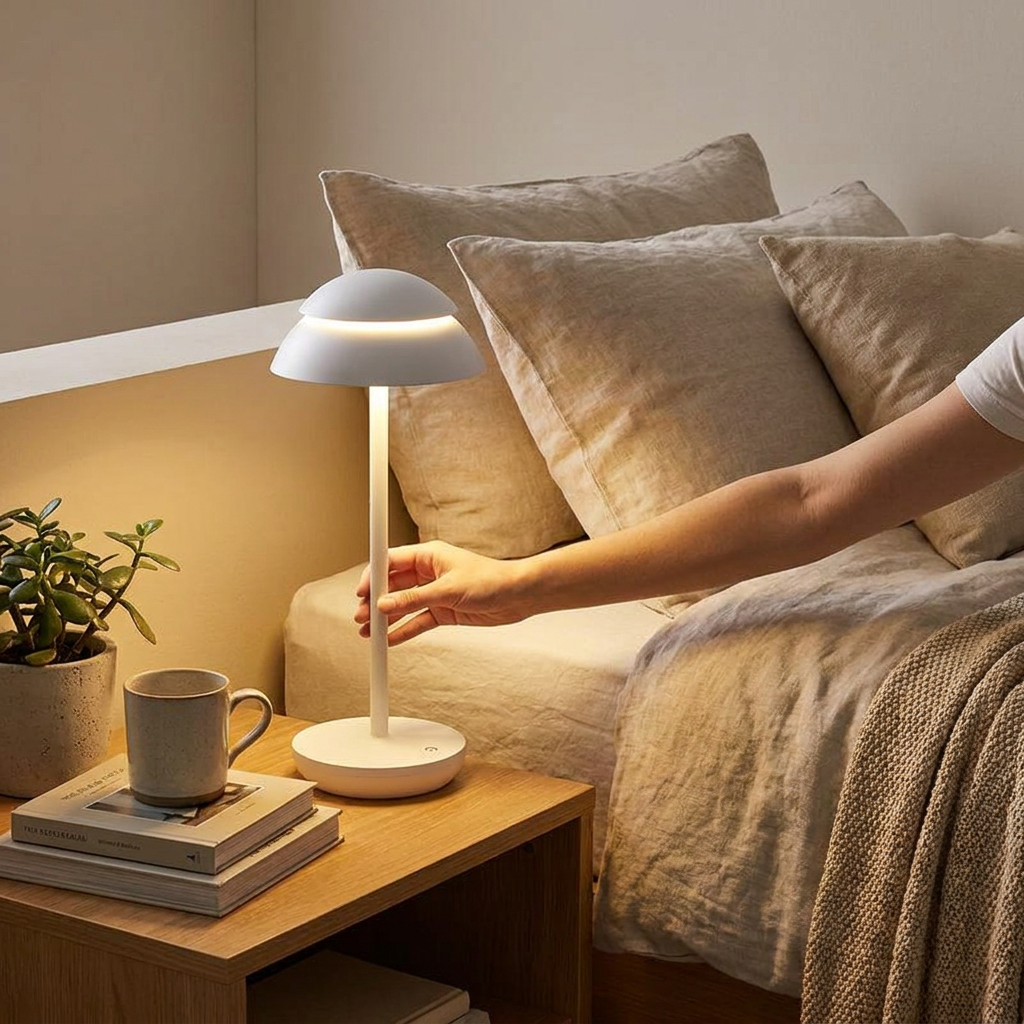 White cordless wireless LED table lamp on a wooden bedside nightstand next to pillows