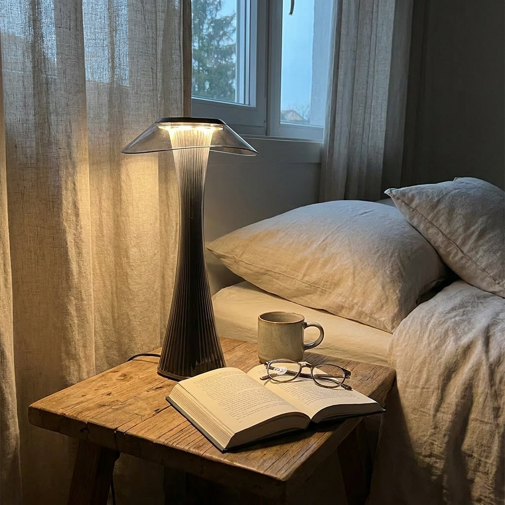 Luminara Italian table lamp glowing warmly on a rustic wooden nightstand next to a book and glasses