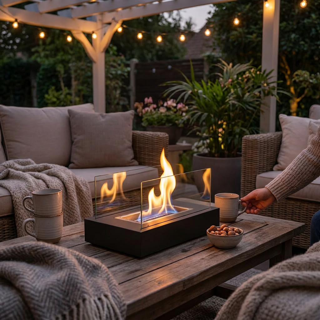 Modern black bioethanol fire table glowing on an outdoor patio wooden table during evening gatherings.