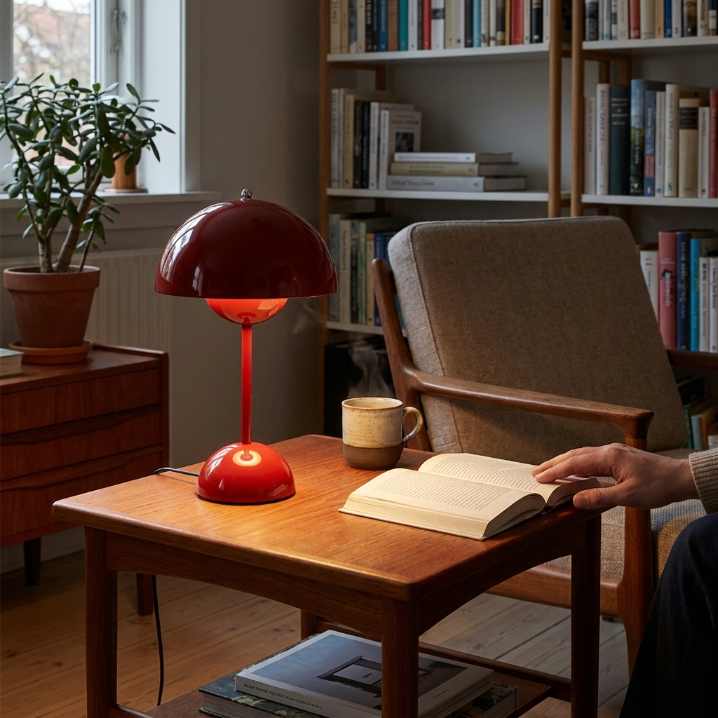 Red cordless table lamp on a wooden side table in a cozy living room