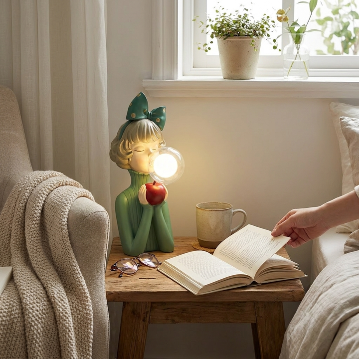 Artistic decorative table lamp styled on a wooden nightstand next to an open book