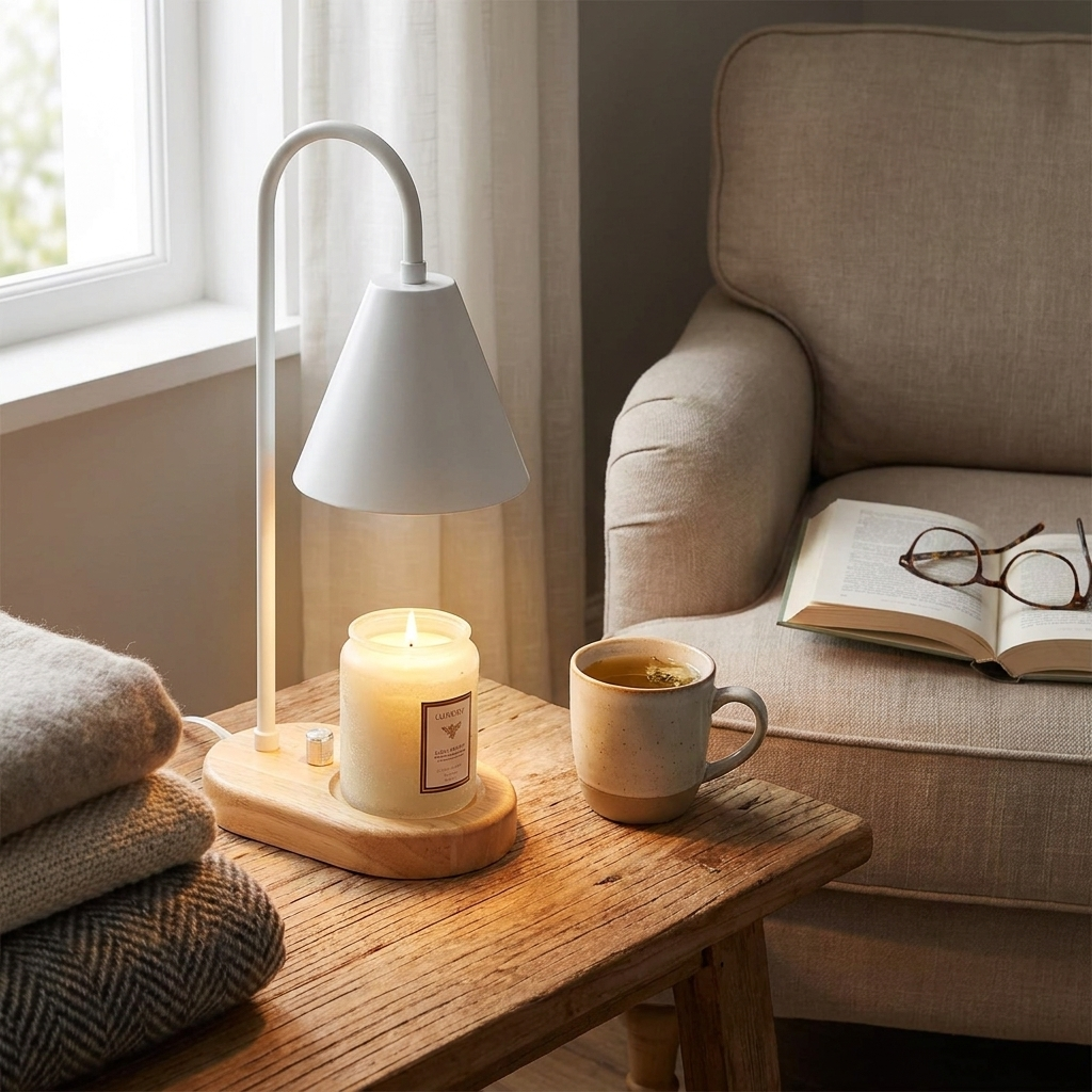 White electric candle warmer lamp on a wooden side table next to a cup of tea and books