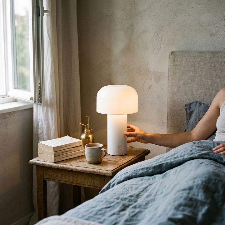 Cordless LED table lamp on a wooden nightstand next to a bed