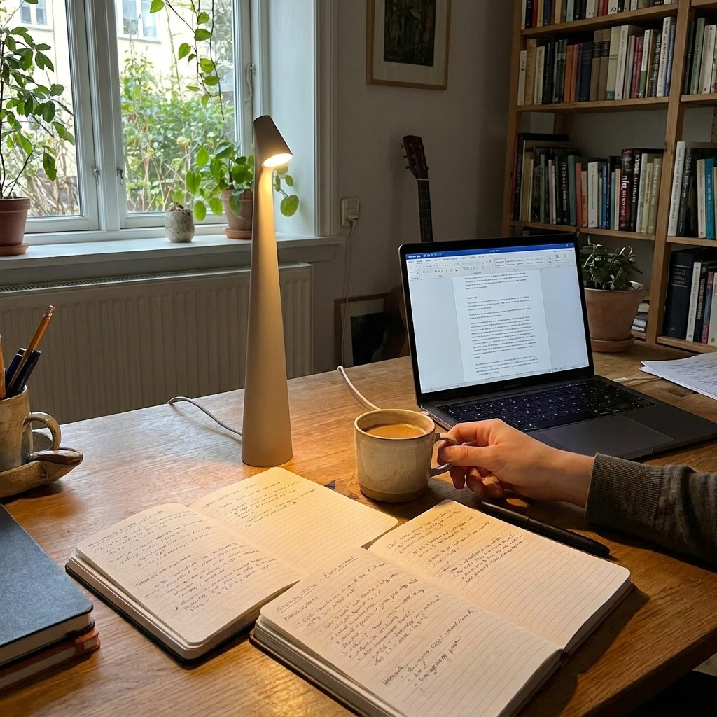 A sleek cordless aluminum table lamp illuminates a cozy wooden desk setup next to a laptop and notebooks.