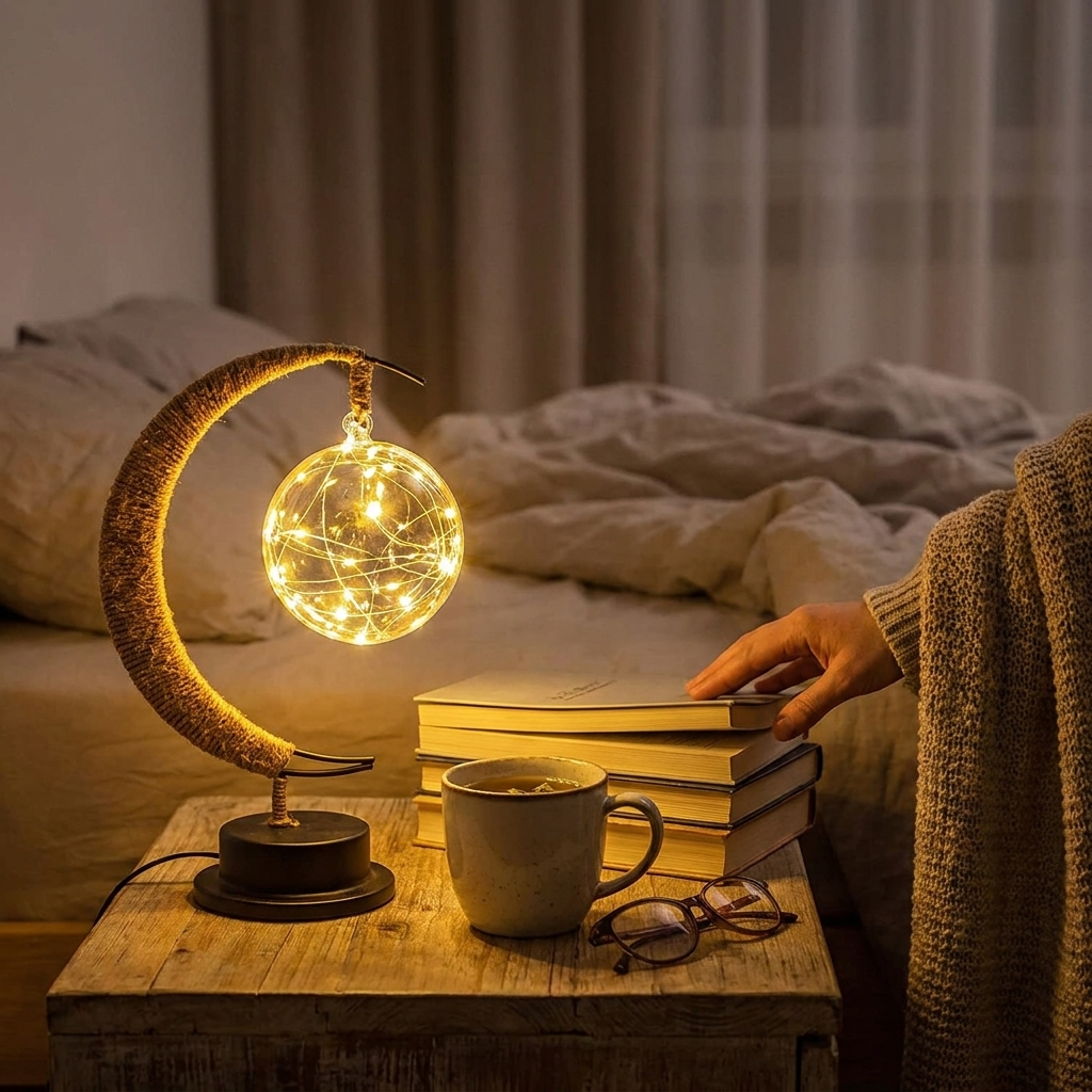 Enchanting moon table lamp glowing on a wooden bedside table next to books and a mug