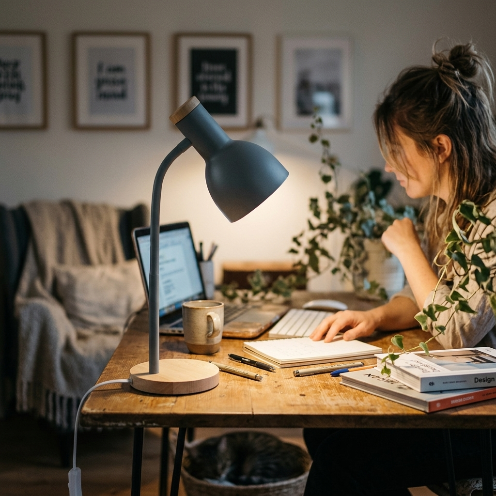 Gray children's table lamp on a wooden desk next to a laptop and books
