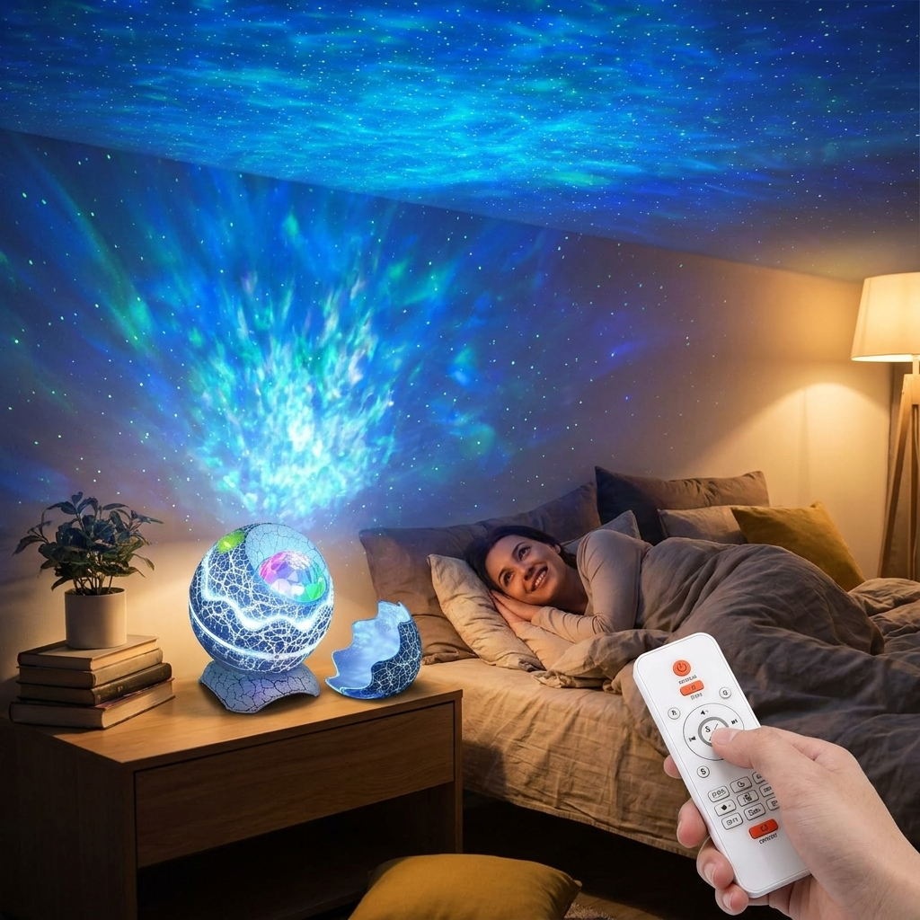 CelestialSphere nebula projector casting blue aurora lights in a cozy bedroom with remote control