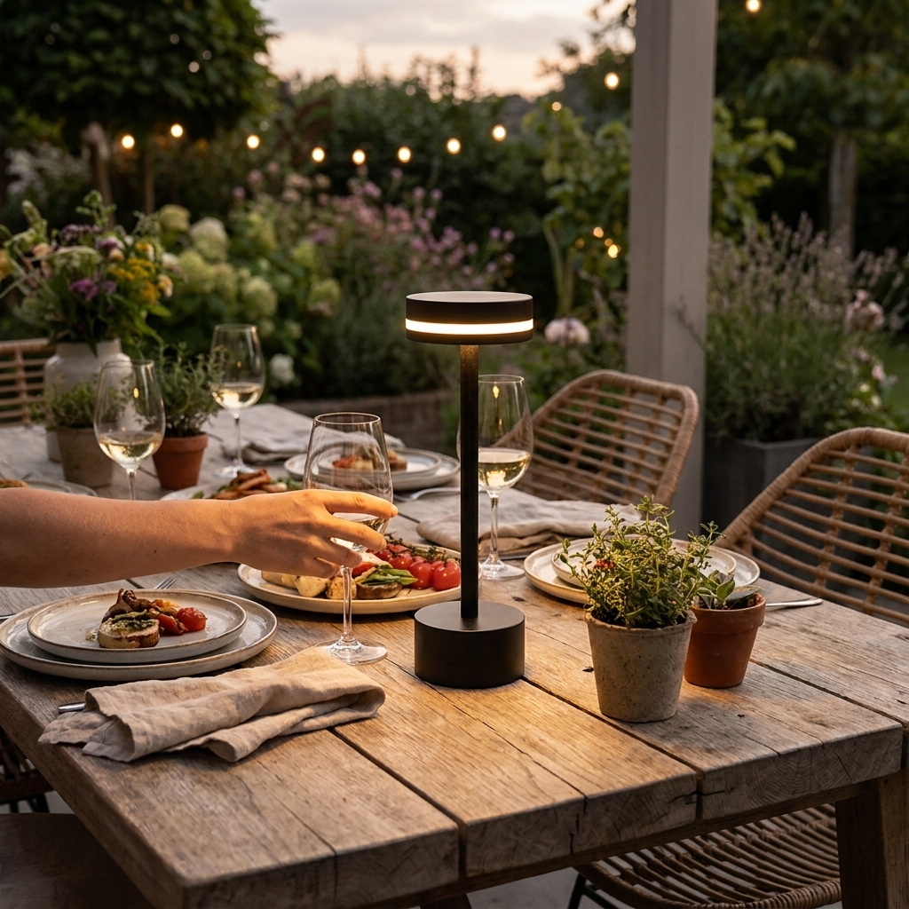 Black cordless aluminum table lamp illuminating an outdoor dinner table setting
