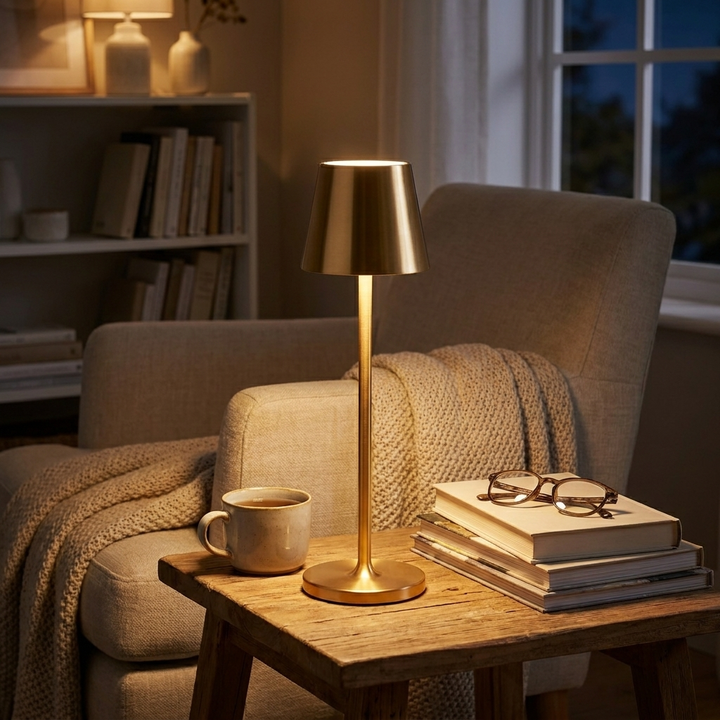Gold cordless table lamp resting on a wooden side table in a cozy living room setting.