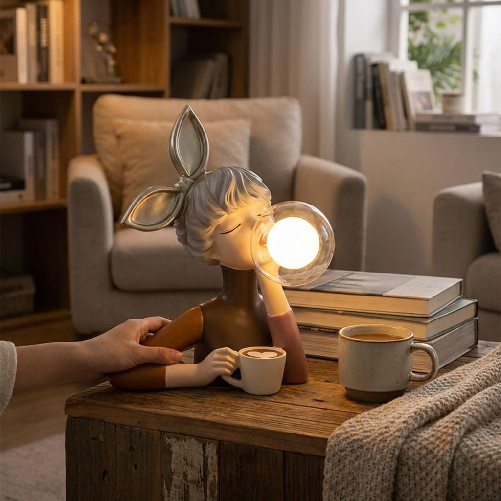 Artisan handcrafted bedside table lamp glowing on a wooden table in a cozy living room
