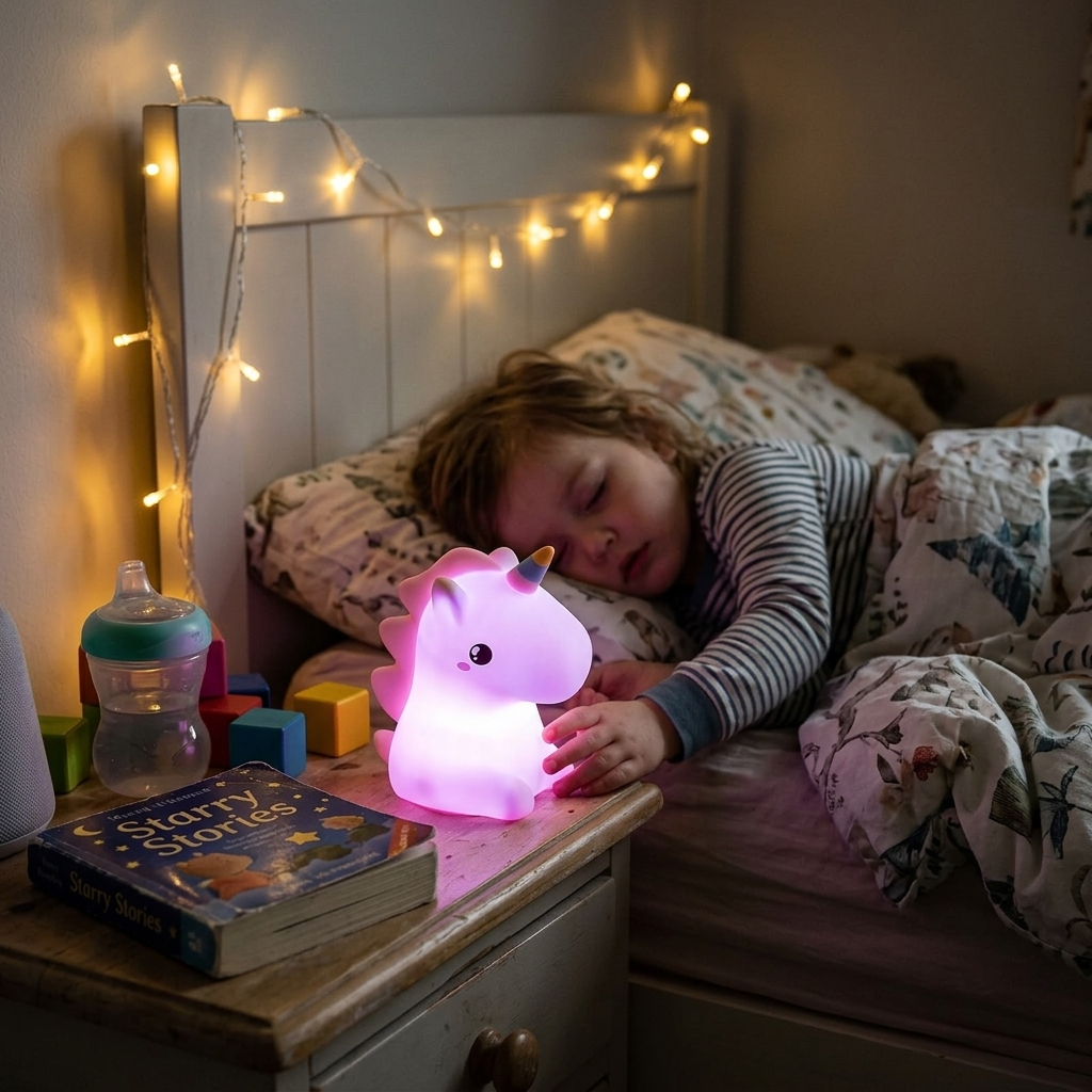Child sleeping peacefully next to a glowing unicorn night light on a bedside table