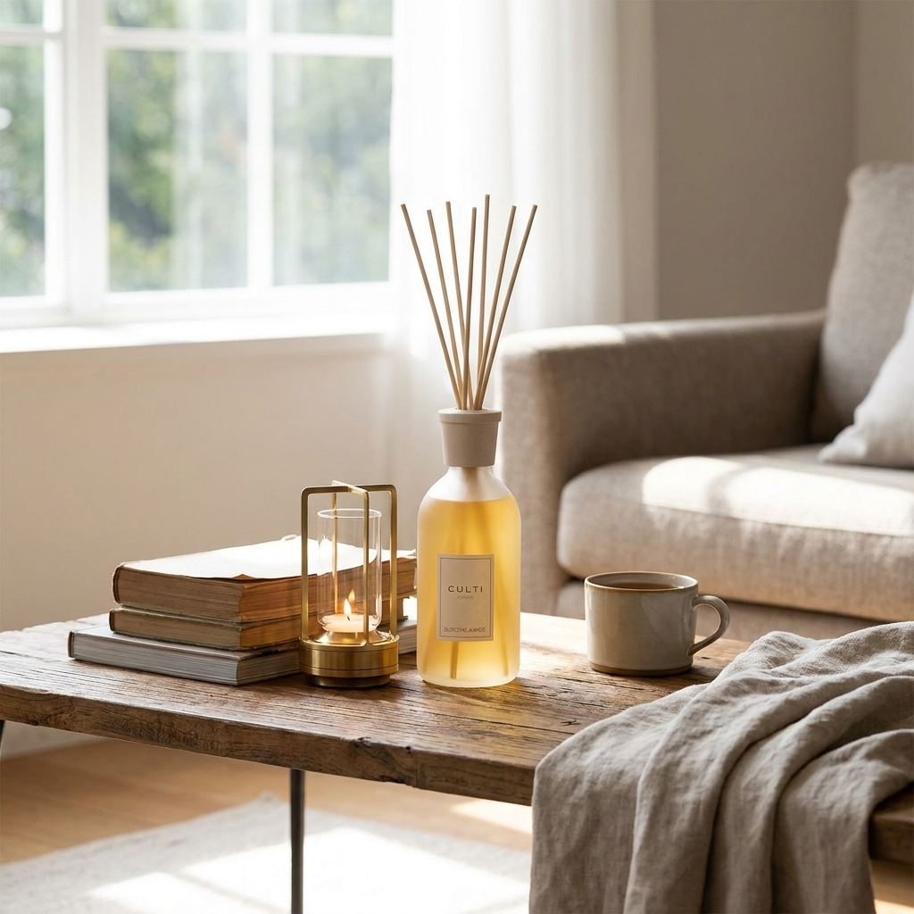 Portable cordless table lamp on wooden coffee table with reed diffuser and books