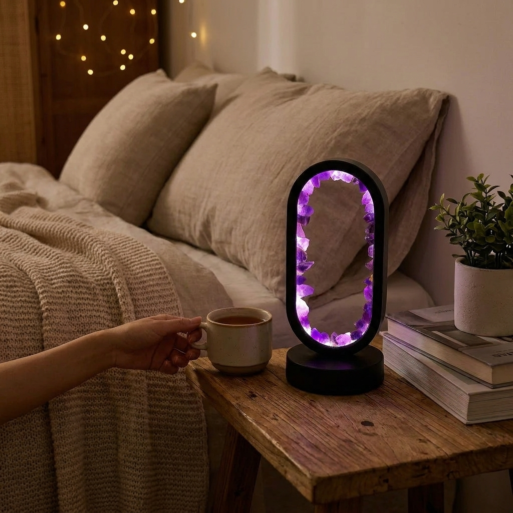 Handcrafted crystal table lamp glowing on a bedside wooden nightstand next to a cup of tea