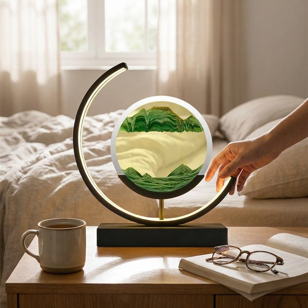 A hand touches the illuminated 3D moving sand art table lamp on a wooden bedside table.