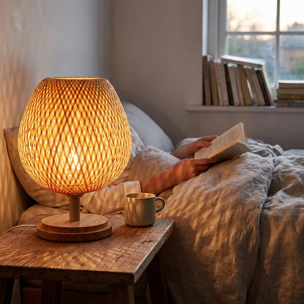 Rustic bamboo bedside table lamp glowing on a wooden nightstand in a cozy bedroom