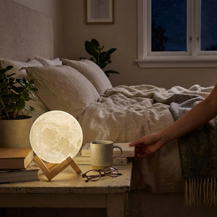 Illuminated 3D moon lamp resting on a wooden stand next to a bed