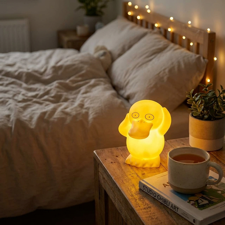 Psyduck character LED bedside lamp glowing on a wooden nightstand in a cozy bedroom