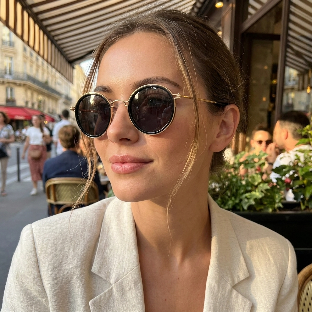 Close-up portrait of a woman wearing round polarized sunglasses at an outdoor cafe